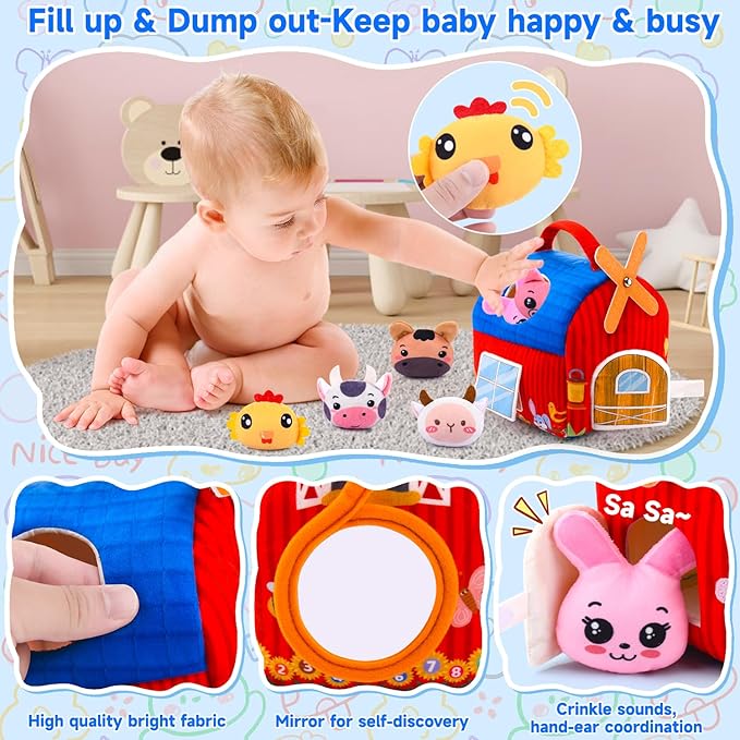 Baby Toys 6-12 Months - Soft Barn with Stuffed Farm Animals, Rattles, Textures, Mirror, Play mat - Toddler Toys Sensory Toy Montessori Toy for Babies 6-12 Months, 1 Year Old Boys Girls Baby Gifts