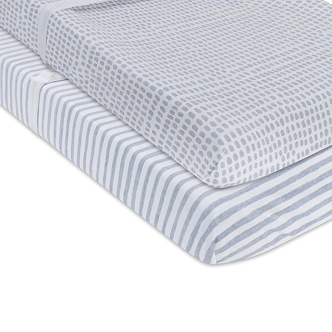 Ely’s & Co. Patent Pending Waterproof Changing Pad Cover|Cradle Sheet 2-Pack Set for Baby Boy - 100% Cotton, Jersey Knit Cotton Sheets with Waterproof Lining — Misty Blue, Stripes and Splashes