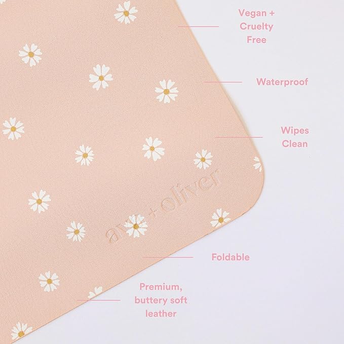 Ava + Oliver Vegan Leather Baby Changing Mat (16 X 30 in) - Multipurpose Wipeable and Portable Diaper Changing Pad - Foldable for Travel (Pink Daisies)