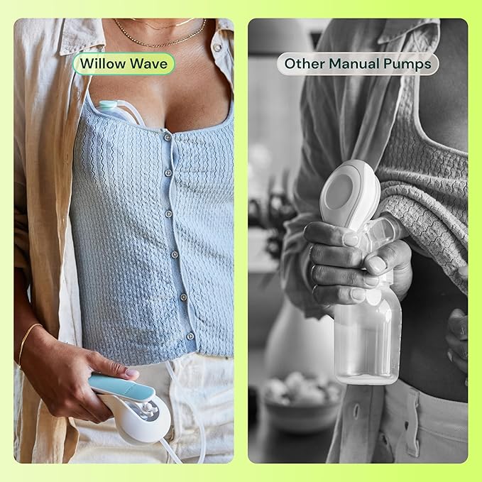 Willow Wave - Wearable Manual Breast Pump - Fits Fully in Bra - Ergonomic Handle - 24mm Soft Silicone Flange - Wearable Breastfeeding Pump - Hospital Grade Suction - Postpartum Essentials - Holds 5oz
