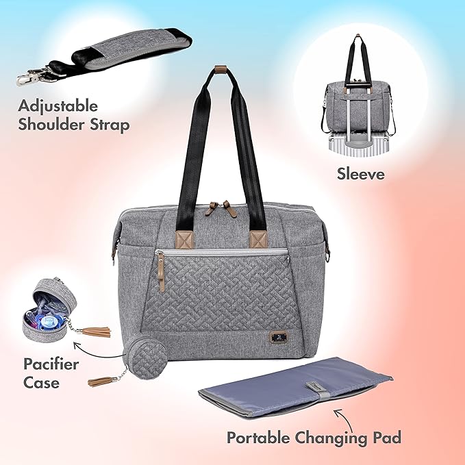 Dikaslon Diaper Bag Tote, Large Travel diaper tote for Mom and Dad, Multifunction baby tote bag for Boys and Girls with Pacifier Case and Changing Pad, Grey