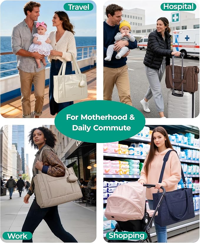 BAGSMART Diaper Bag Tote Puffer, Hospital Bag for Labor Delivery with Pacifier Case, Lightweight Baby Bag for Travel, Work | Multifunctional, Insulated Pockets, Water Resistance