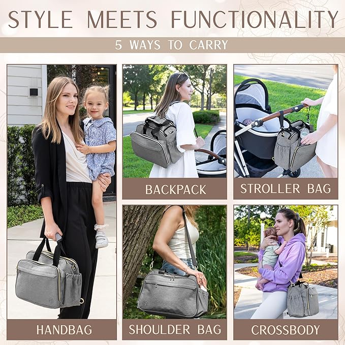 Mellories 4 in 1 Convertible Baby Diaper Bag – Converts from Tote to Backpack, Stroller & Crossbody Diaper Bag – Gray Baby Travel Bag – Gift for Moms