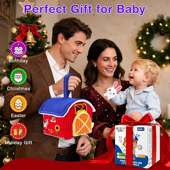 Baby Toys 6-12 Months, Barn Toy with Stuffed Farm Animals - Rattle, Crinkle Paper, Montessori Toys for 1 Year Old, Sensory Toy for Toddlers 1-3 Birthday Gifts Infant Christmas Stocking Stuffers