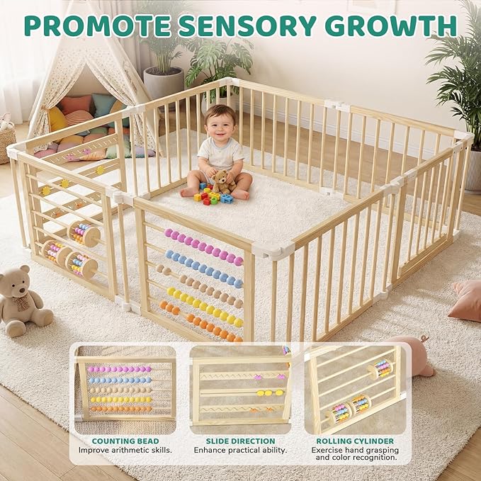 OMZER 67x67 Inch Wooden Baby Playpen - Foldable Baby Gate Playpen for Babies and Toddlers - Indoor & Outdoor Portable Play Fence Area Wood Enclosure - Adjustable Extra Large Play Yard Pen for Kids