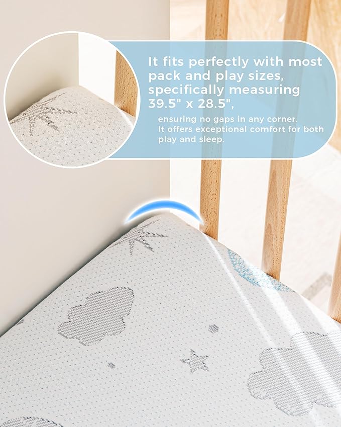 Trifold Pack and Play Mattress 38x26'' Breathable Soft Plush Memory Foam for Baby Toddler Travel Includes Carry Bag Removable Washable Cover Fits Play Pen Playard Pack n Play Mattress Pad
