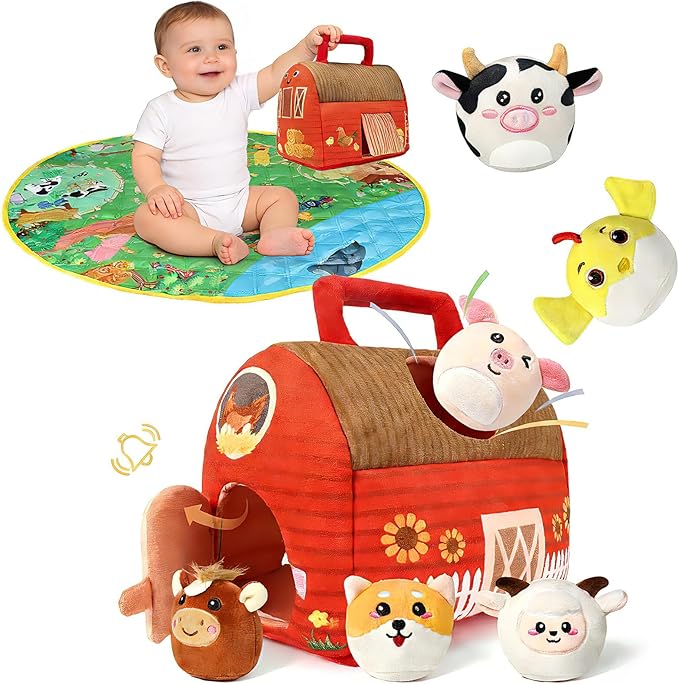 Farm Animal Toys for 1 2 3 4 5 Year Old Toddlers – Plush Farm House Playset with Barn, 6 Soft Farm Animals & Large Play Mat – Farm Toys for Toddlers 1–3