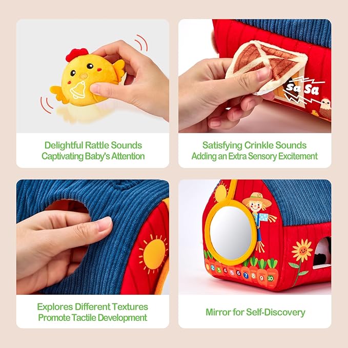 hahaland Baby Toys 6-12 Months - Surprise Barn Stuffed Farm Animals, Rattle, Crinkle, Mirror, Montessori Toys for 6 Month Old Sensory Balls 1-3 Plush Baby Valentines Day Gifts Easter Basket Stuffers