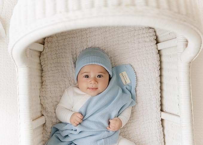Bleu La La Baby Gift Set - Organic Cotton Newborn Blanket Essentials, Thoughtful Baby Shower & New Baby Gift for Boys & Girls (Luxe - Sky Blue)