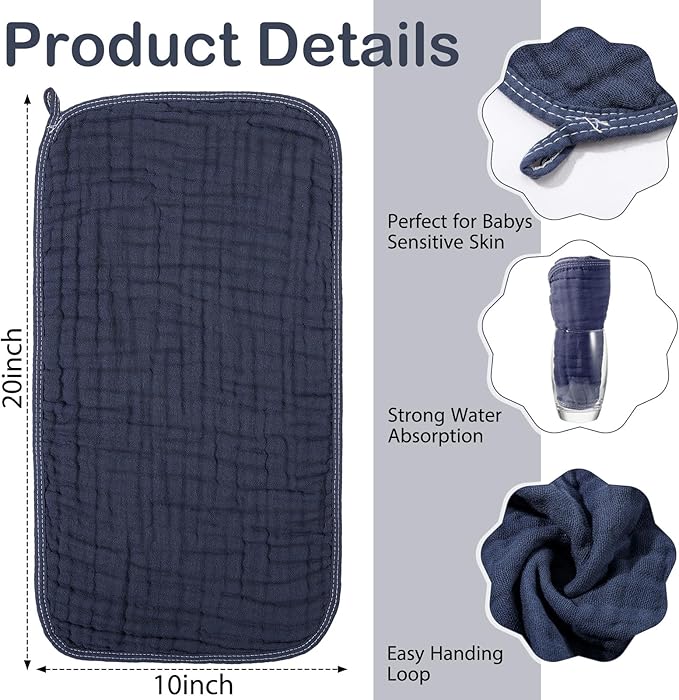 VitalCozy 6 Pcs Baby Muslin Hooded Bath Towels and Washcloths Muslin Cotton Hooded Baby Towels Absorbent Blankets for Gift Newborn Infant Shower (32 x 32 Inch,Dark Blue,Light Blue)