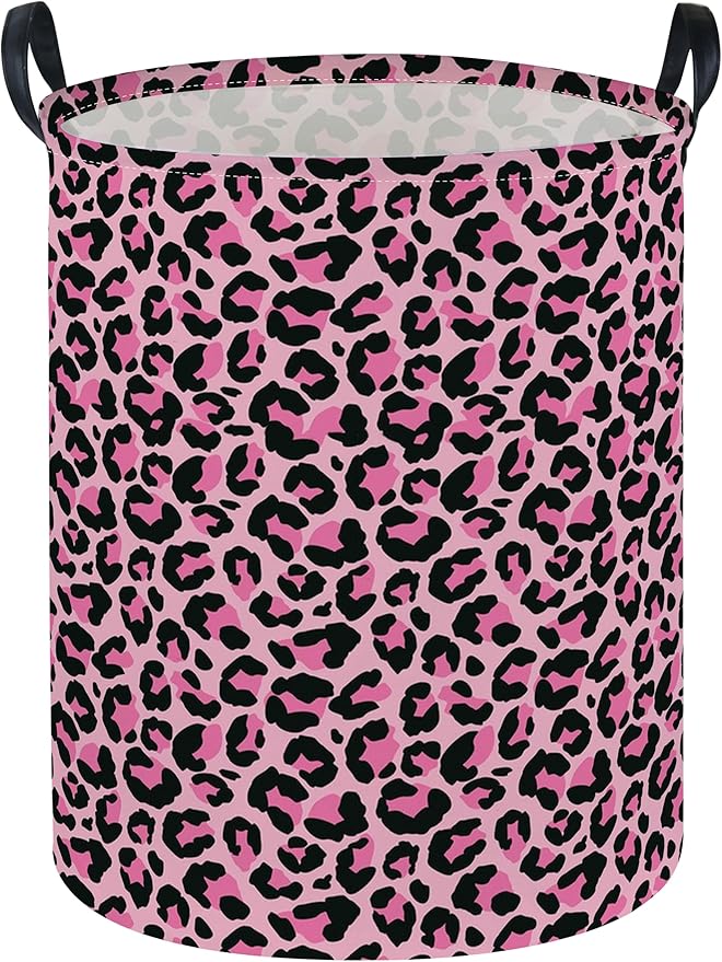 Essme Kids Laundry Basket,Pink Hamper Collapsible Canvas Waterproof Storage Bin for Girls, Leopard Print Hamper,Gift Baskets(Pink Leopard Print)