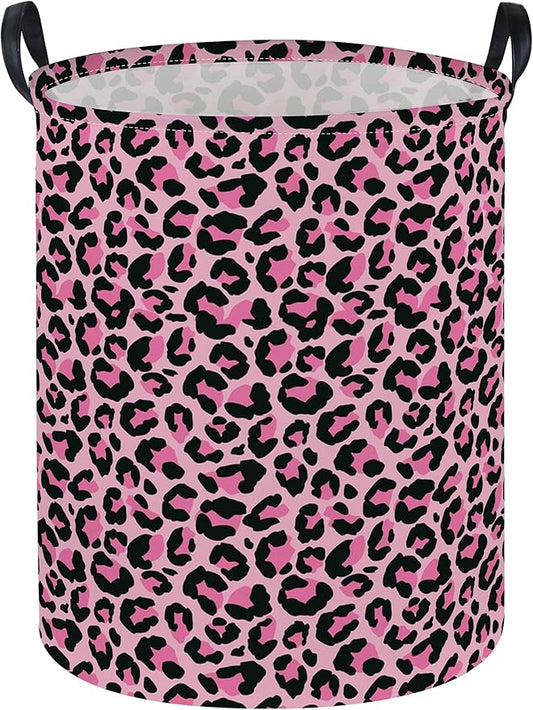 Essme Kids Laundry Basket,Pink Hamper Collapsible Canvas Waterproof Storage Bin for Girls, Leopard Print Hamper,Gift Baskets(Pink Leopard Print)