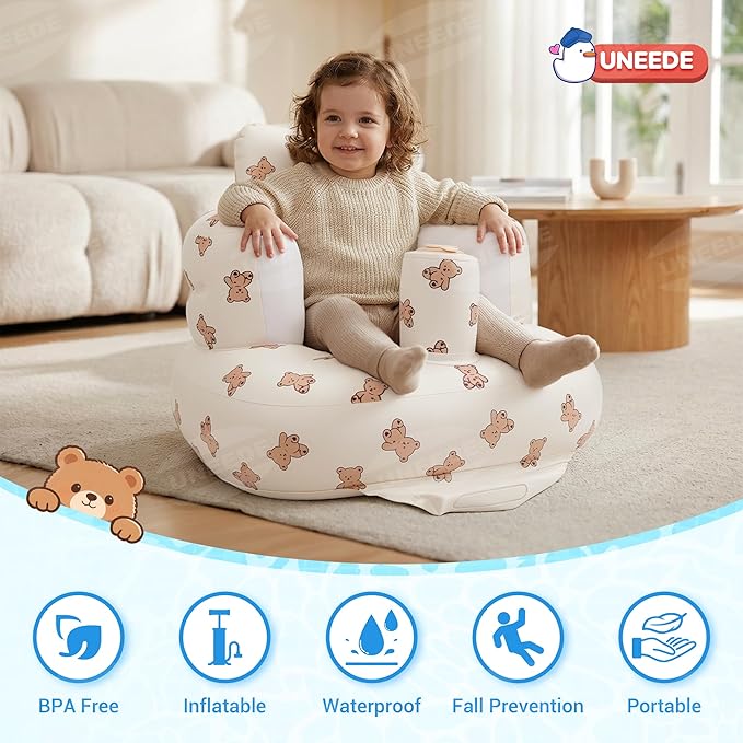 UNEEDE Inflatable Baby Seat for 3 Months & Up, Infant Floor Chair for Sitting Up with Built in Air Pump, Lightweight Travel Baby Bath Seat for Home, Camping, Beach & Outdoor