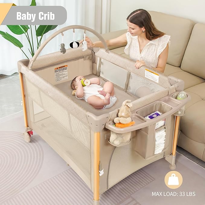 Baby Bassinet 5 in 1 Pack and Play,Baby Crib Adjustable Beside Sleeper One-Second &One-Hand Setup,Portable Playard Foldable Playpen for Newborn,Babies and Toddlers with Changing Table,Mattress (Beige)