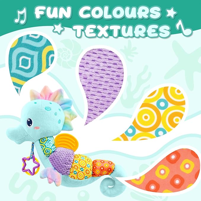 AWOTOY Baby Toys 0 to 12 Months, Musical Stuffed Animal Activity Soft Toys with Multi-Sensory Crinkle, Rattle and Textures, Infant Tummy Time Toys for Newborn Boys, Seahorse, Blue