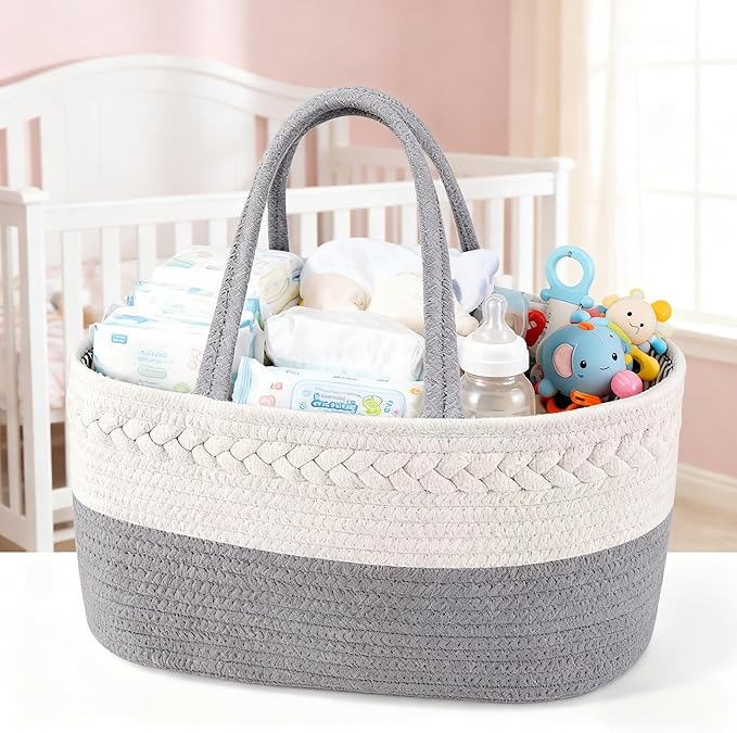 CREVENT Diaper Caddy Organizer, Baby Basket with Handle, Table Organizer for Storage, Portable Car Organizer, Baby Shower Gifts + Gift bag with Ribbon