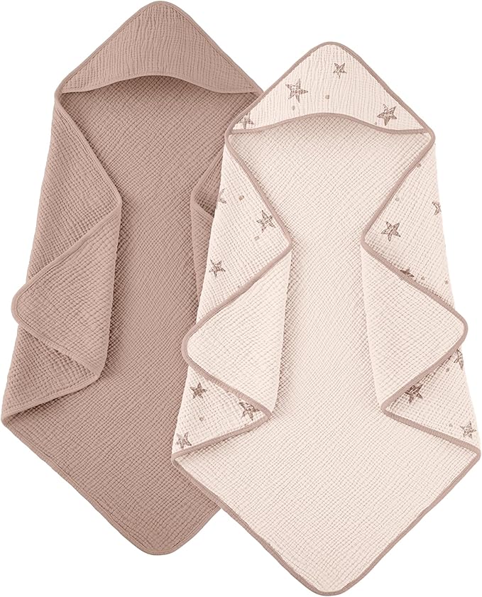 Susurration Hooded Baby Towels for Newborn 2 Pack 100% Muslin Cotton Towel for Babies，Highly Absorbent and Newborn Essential 30x30 Inch Pink Star&Sand