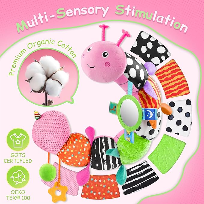 Baby Toys Sensory Musical Animal Stuffed Toy for Infant 0-3-6-12 Months Tummy Time Newborn, Plush Caterpillar with Mirror,Crinkle,Rattle Teething Toys for Baby Boys Girls Shower Gifts, Pink
