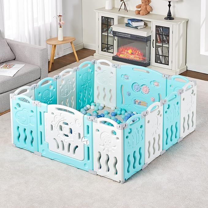 Albott Baby Playpen, 14 Panels Foldable Baby Fence with Game Panel and Safety Gate, Adjustable Shape, Portable Play Yards for Children Toddlers Indoors or Outdoors (Blue+White, 14 Panel)