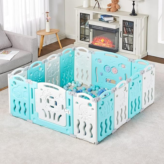 Albott Baby Playpen, 14 Panels Foldable Baby Fence with Game Panel and Safety Gate, Adjustable Shape, Portable Play Yards for Children Toddlers Indoors or Outdoors (Blue+White, 14 Panel)
