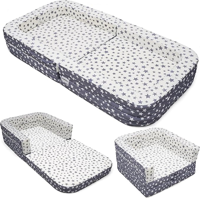 Toddler Travel Bed,Foldable & Portable Baby Cot,Three-in-one Design Little Sofa,Play Mat,Floor Bed for Kids,Oxford Fabric with Star Print,Lightweight&Easy Carry 60"x30"x7.9" (Sleeping Lounging Play)