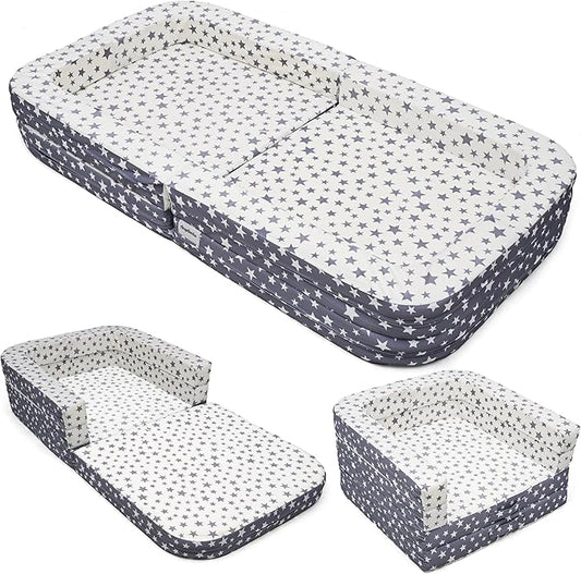 Toddler Travel Bed,Foldable & Portable Baby Cot,Three-in-one Design Little Sofa,Play Mat,Floor Bed for Kids,Oxford Fabric with Star Print,Lightweight&Easy Carry 60"x30"x7.9" (Sleeping Lounging Play)