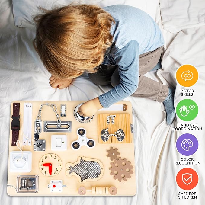 Montessori Busy Board for Toddlers 1 2 3 4 Year Old, Wooden Sensory Toys, Preschool Learning Activities for Fine Motor Skills Travel Toy, Basic Life Skills Educational Gifts for Age 1-3 Kids Boy Girl