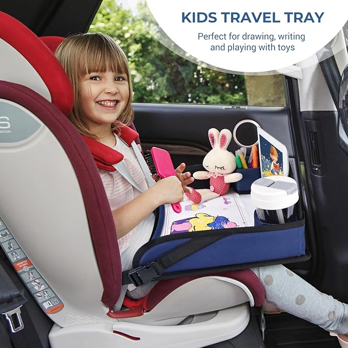 COOLBEBE Kids Travel Tray for Toddler Car Seat, Travel Tray for Airplane, Toddler Car Seat Lap Tray, Carseat Table Tray for Kids Travel Activities (Navy Blue)