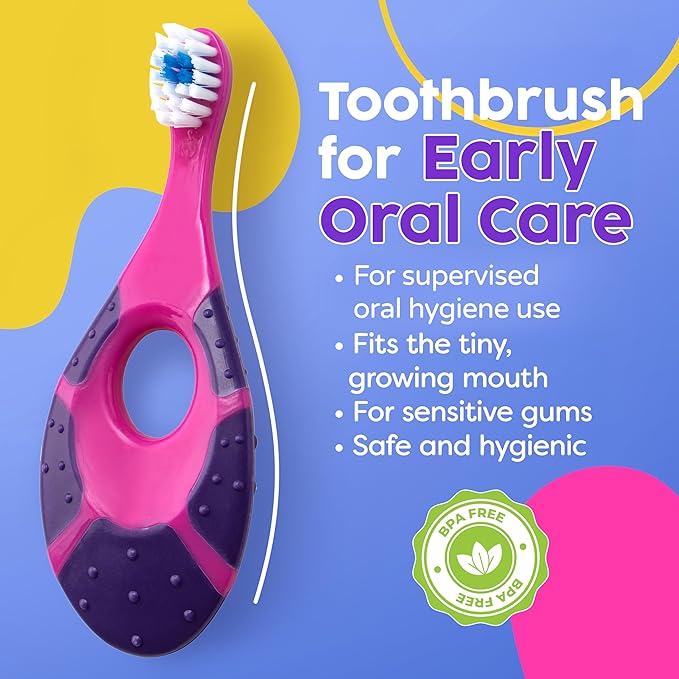 Trueocity Infant Toothbrush Set for Oral Care (12 Months+) – Soft Bristles, Small Brush Head, Easy-Grip Handle – 4-Pack (Pink & Purple)