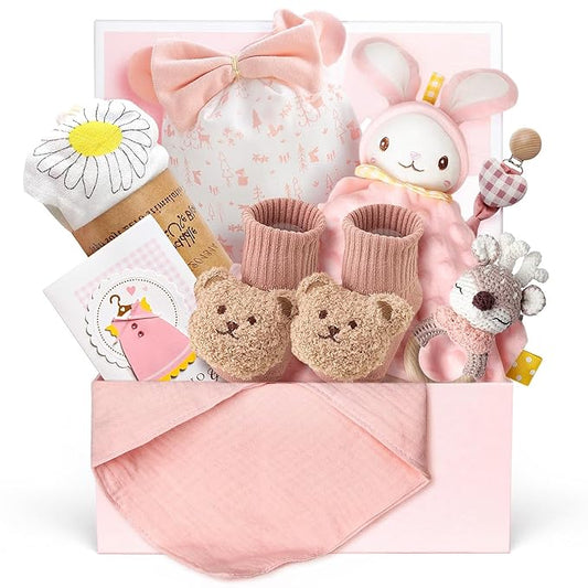 Strawberry Fairy 10 PCS Baby Gift Set for Girls, Newborn Essentials Stuff Baby Girl Gifts, Baby Girl Gift Basket, Gender Reveal Gifts Basket with Rattle Swaddle Blanket