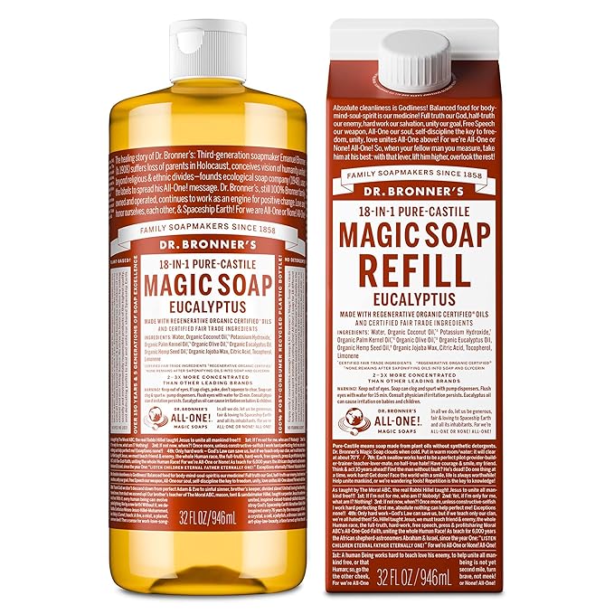 Dr. Bronner's Pure-Castile Liquid Magic Soap Bottle & Refill Carton - Made with Regenerative Organic Certified Oils- 18-in-1 Uses for Face, Body Wash, Hand Soap Refill- Eucalyptus, 32oz + Refill