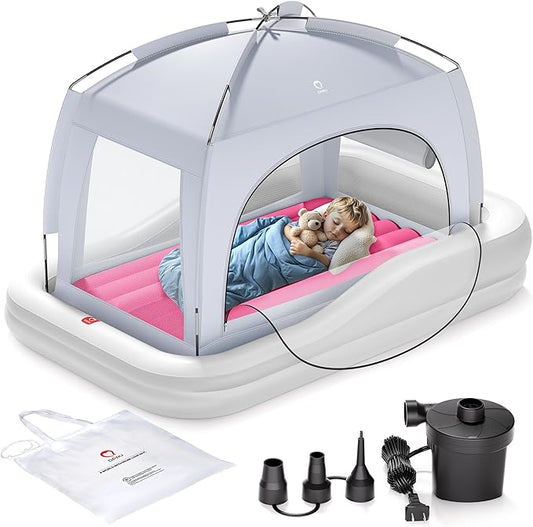 QPAU Inflatable Toddler Travel Bed with Tent, Portable Kids Air Mattress with Safety Sides, Ideal for Home, Grandma's, Camping, Traveling -Includes Fast Electric Pump