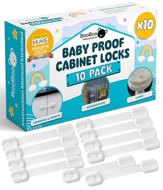Booboo® (10 Pack) Premium Cabinet Locks Baby Proofing, Child Proof Cabinet Locks, Cupboard Locks for Children with 3M Adhesive + 4 Extra Stickers