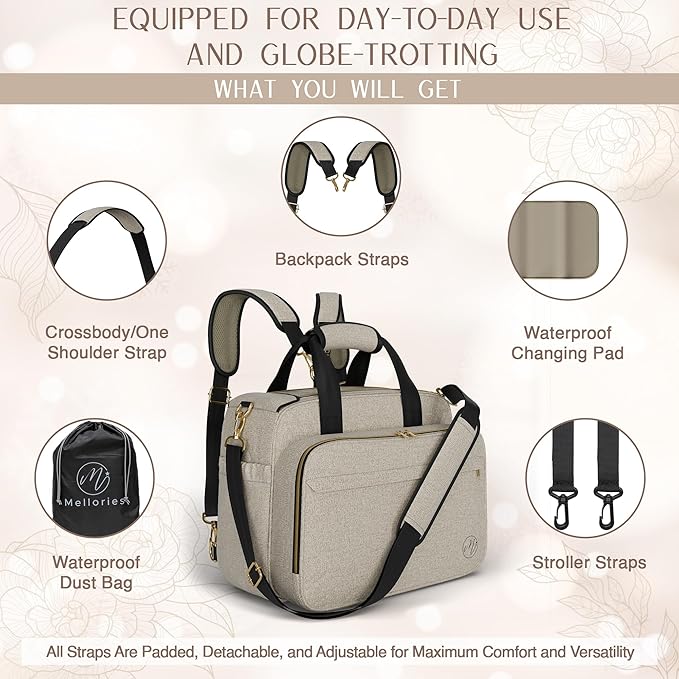 Mellories 4 in 1 Convertible Diaper Bag Tote for Baby Boys and Girls - Converts into Diaper Backpack, Baby Tote, Stroller and Crossbody Diaper Bag - Beige Baby Travel Bag - Gift for Mom