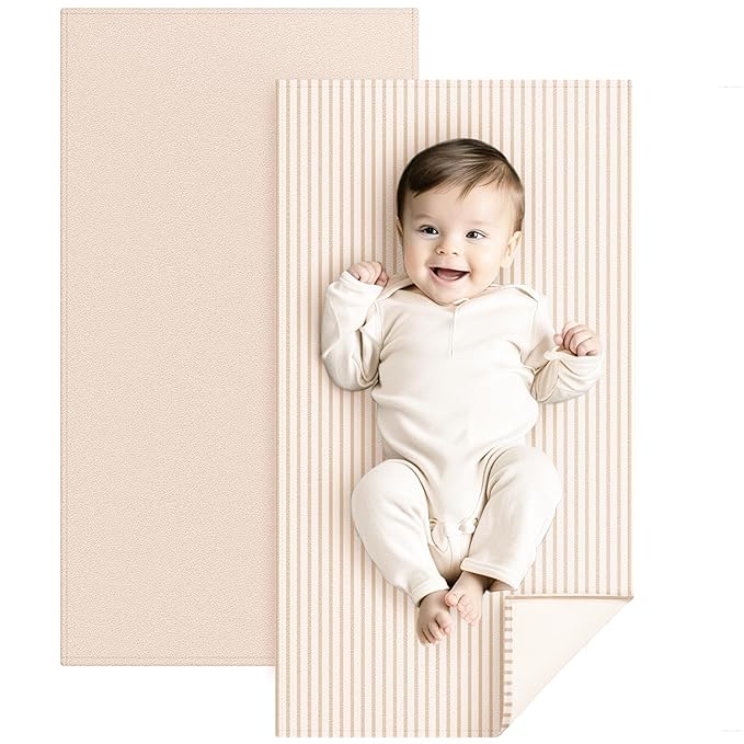 Konssy Faux Leather Baby Changing Mat, Waterproof, Wipeable & Portable Diaper Changing Pad for Travel or Home, Fits Perfectly in Diaper Bag, 30 x 17 inches (Beige,Stripes)