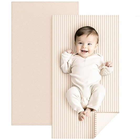 Konssy Faux Leather Baby Changing Mat, Waterproof, Wipeable & Portable Diaper Changing Pad for Travel or Home, Fits Perfectly in Diaper Bag, 30 x 17 inches (Beige,Stripes)