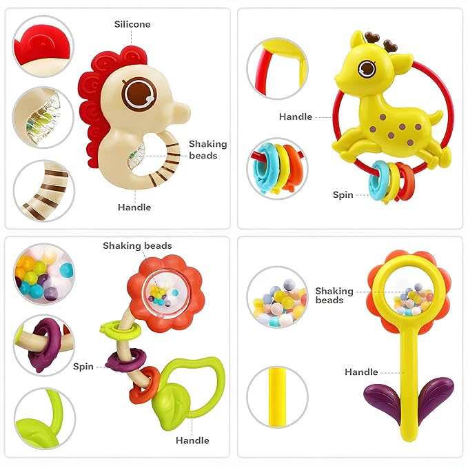 MOONTOY 12pcs Baby Rattles for Babies 0-6 Months Teething Toys 3-6 Months, Newborn Infant Teethers Baby Toys 6-12 Months, Montessori Baby Easter Basket Stuffers Gifts 1 2 3 4 5 6 7 9 10 Month Boy Girl