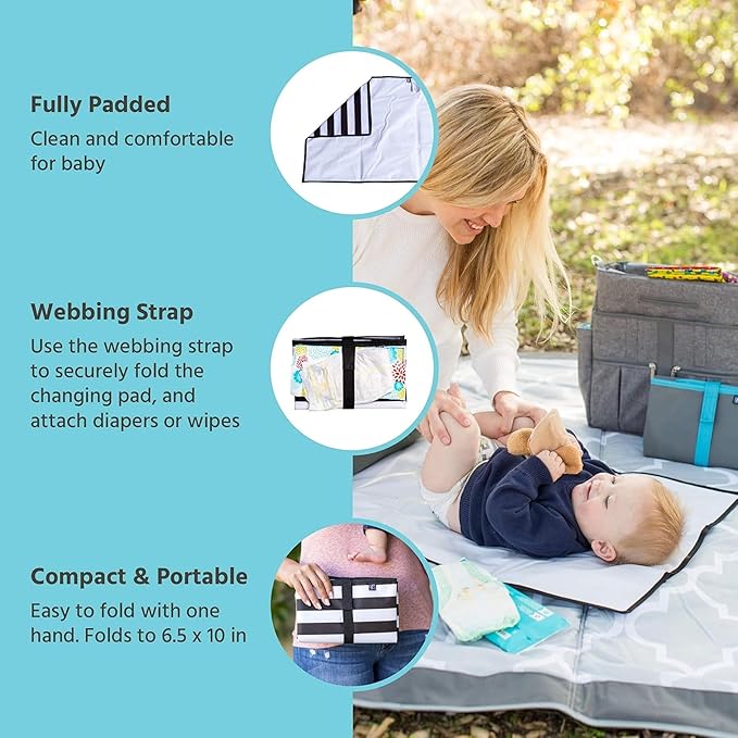 J.L. Childress Full Body Portable Changing Pad for Babies - Diaper Changing Mat for Travel, Baby Accessory Essentials, Wipeable & Water-Resistant, Foldable & Compact, Extra Large - Black Stripe