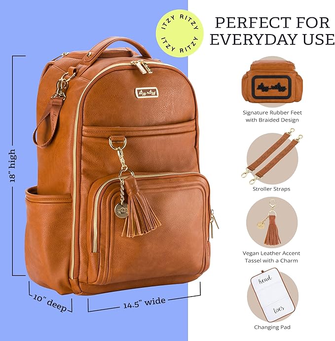 Itzy Ritzy Diaper Bag Backpack – Large Capacity Boss Plus Baby Backpack Diaper Bag Featuring 19 Pockets, Changing Pad, Stroller Clips, and Comfortable Straps (Cognac)