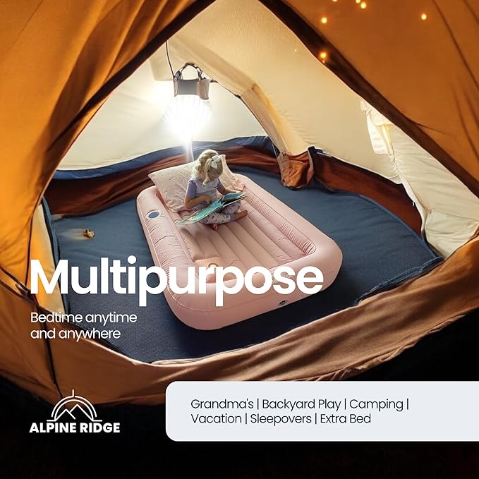 Alpine Ridge - Toddler Travel Bed with Safety Bumpers [4-Sided] | Portable Bed for Kids | Toddler Air Mattress | Kids Air Mattress with Built-in Foot Pump (Pink)