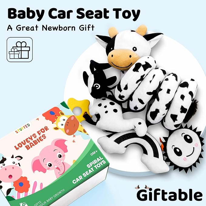 Spiral Car Seat Baby Toys 0-6 Months, Infant Carseat High Contrast Sensory Toys Hanging Stroller Accessories, Newborn Shower Gifts for Baby Boys Essentials Stuff, Cute Black and White Cow