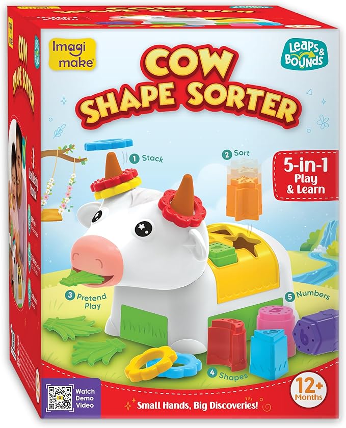 Imagimake Cow Shape Sorter | Leaps & Bounds Baby Toys 12-18 Months | Learning Toys for 1 + Year Old & Toddlers | 5-in-1 Play & Learn | Stacking, Sorting & Pretend Play | Birthday Gifts for 1 Year Old