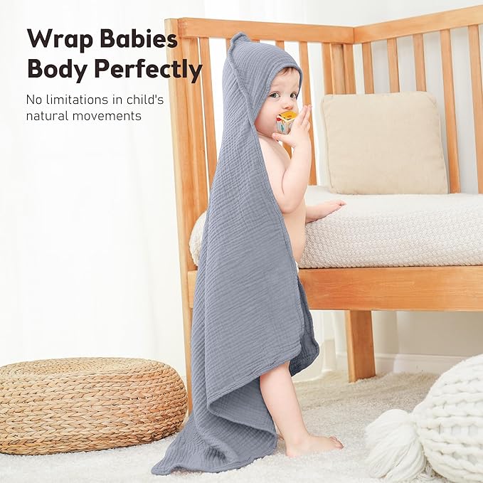 Susurration Hooded Baby Towels for Newborn 2 Pack 100% Muslin Cotton Towel for Babies，Highly Absorbent and Newborn Essential 30x30 Inch Gray&Green