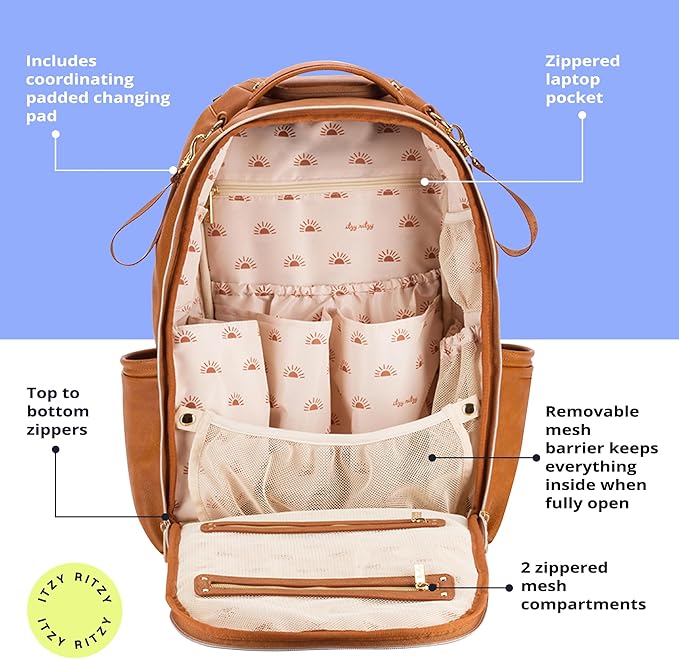 Itzy Ritzy Diaper Bag Backpack – Large Capacity Boss Plus Baby Backpack Diaper Bag Featuring 19 Pockets, Changing Pad, Stroller Clips, and Comfortable Straps (Cognac)