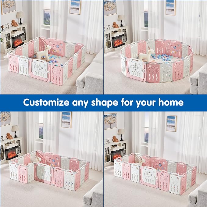Albott Baby Playpen, Upgraded 22 Panels Foldable Baby Fence with Game Panel and Safety Gate, Adjustable Shape, Portable Play Yards for Children Toddlers Indoors or Outdoors (Pink+White, 22 Panel)