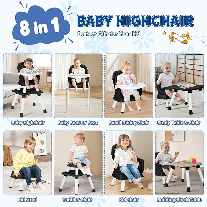 Kinder King 8 in 1 Baby High Chair, Coverts to Dining Booster Seat/Kids Table & Chair Set/Toddler Building Block Table/Kids Stool, Removable Tray & Double Seat Cover, Easy to Wipe, Black & White