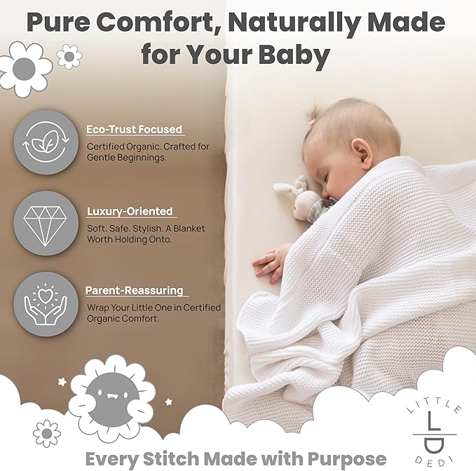Little Dedi 100% Organic Cotton Baby Knitted Blanket with Gift Box - Soft Toddler, Crib, Stroller Blanket - Neutral Swaddle and Receiving Blanket for Newborns, 30"x40", White