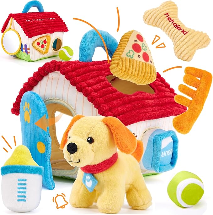 hahaland Baby Montessori Toys for 1 + Year Old – Puppy Plush Sensory Toy Set with Rattle, Crinkle, Mirror & Shape Sorter – Interactive Learning Pretend Play for Toddlers 1-3