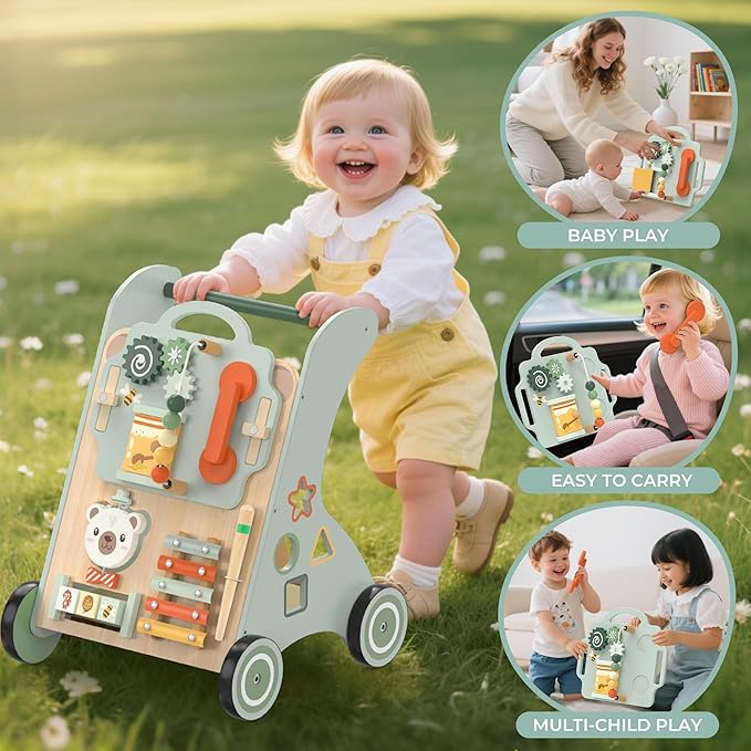 WOODMAM Wooden Baby Walker, Adjustable Speed Baby Push Walker for 1 Year Old, 10-in-1 Montessori Walker for Boys & Girls, Toddler Sit-to-Stand Learning Toy with Detachable Busy Board