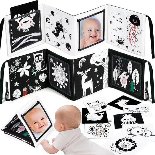 URMYWO Tummy Time Mirror Toys, Visual Stimulation Learning Cards, High Contrast Black and White Baby Toys for Newborn, Soft Baby Book for infant 0-12 Months, Baby Boy Girl Shower Gift Stocking Stuffer
